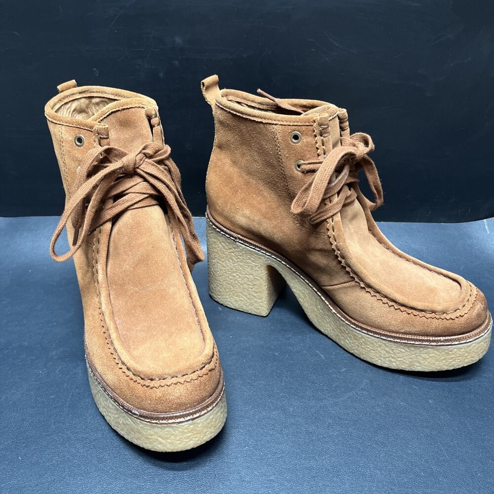 Sam Edelman “Shaw” Moc Toe Platform Lace Up Booties Brown Suede Leather Wns Sz 9